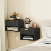 HOMCOM Floating Nightstands, Wall Mounted Bedside Tables Set of 2 with Drawer and Open Shelf, Black(m-1)