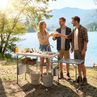 Outsunny Fish Cleaning Table Folding Sink Portable Camping Sink with Side Shelf & Bottom Rack for Outdoor White(m-9)