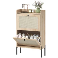 HOMCOM Shoe Cabinet with 2 Flip Drawers, Boho Narrow Shoe Storage Cabinet, Oak(m-2)