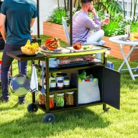 Outsunny Outdoor BBQ Stand with Foldable Side Table, Stainless Steel Top, Pizza Oven Table with Wheels Hooks Shelves(m-1)