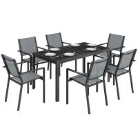 Outsunny Outdoor Dining Set for 6, Faux Wood Metal Patio Table and Mesh Stackable Chairs with Umbrella Hole, Black(m-11)