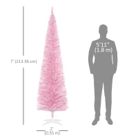 HOMCOM 7' Pencil Christmas Tree, Slim Artificial Xmas Tree with Realistic Branches, Sturdy Metal Stand, Pink(m-3)