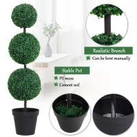Outsunny Set of 2 Artificial Ball Boxwood Topiary Trees, 44.1" Fake Plants in Pots for Outdoor Indoor Decor, Dark Green(m-5)
