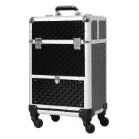 HOMCOM Portable Aluminum Makeup Train Cases, Rolling Makeup Case, Salon Beauty Cosmetic Jewelry Organizer Trolley with 4 Wheels, Black(m-2)