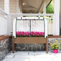 Outsunny Raised Garden Bed with PE Greenhouse Cover Outdoor Elevated Wood Planter Box for Herbs and Vegetables Brown(m-10)