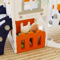 Qaba 6-in-1 Slide and Swing Set Baby Swing Playset Indoor with Basketball Hoop, Climber, Storage Space, Telescope, Orange(m-9)