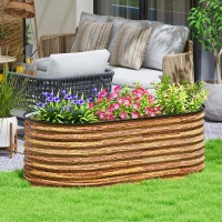 Outsunny 5 x 2.5 x 2 ft Galvanized Raised Garden Bed, Easy DIY Oval Planter Box with Safety Edging and Gloves, Brown Wood Effect(m-1)