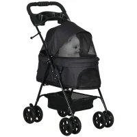 PawHut Dog Stroller Foldable Design with Storage Basket, Adjustable Canopy, Cup Holder, Safety Leashes, for Mini Dogs, Black(m-11)