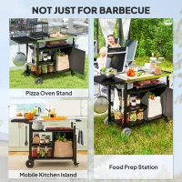 Outsunny Outdoor BBQ Stand with Foldable Side Table, Stainless Steel Top, Pizza Oven Table with Wheels Hooks Shelves(m-10)