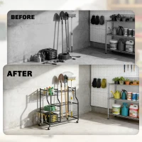 Outsunny Garden Tool Organizer for Garage, 3-Tier Yard Tool Storage Rack with 74 Slots, 4 Wheels and 11 Hooks(m-5)