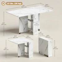 HOMCOM Extendable Dining Table, Collapsible Folding Table with 2-tier Shelves and Rolling Casters, Marble White(m-3)