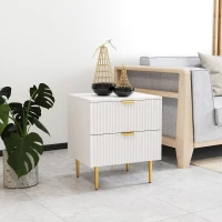 HOMCOM Bedside Table, Modern Nightstand with 2 Drawers, Side End Table with Metal Legs for Living Room, Bedroom, White(m-9)