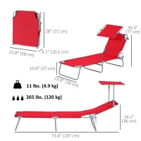 Outsunny Outdoor Lounge Chair, Adjustable Folding Chaise Lounge, Tanning Chair with Sun Shade for Beach, Camping, Hiking, Backyard, Red(m-3)