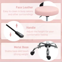 HOMCOM Adjustable Rolling Stool with Removable Backrest, Faux Leather Swivel Stool Chair for Salon Spa, Bar, Massage, Pink(m-6)