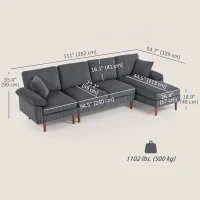 HOMCOM L-Shape Sofa, Modern Sectional Couch with Changeable Chaise Lounge, Pillows and Wooden Legs for Living Room, Dark Grey(m-3)