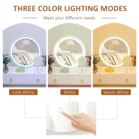 HOMCOM Makeup Vanity Table Set with Round Mirror, Built-in 3 Color LED Light, Dressing Desk with 4 Drawers and Cushioned Stool for Bedroom, White(m-4)