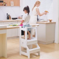 Qaba 2-in-1 Kids Kitchen Helper Step Stool, Detachable Toddler Table and Chair Set, Children Standing Tower for Kitchen Counter with Safety Rail Chalkboard, White(m-1)