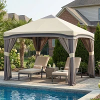 Outsunny 10' x 10' Pop Up Canopy with Netting, Foldable Tents for Parties, Height Adjustable, with Storage Bag for Outdoor, Garden, Patio, Beige(m-1)