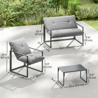 Outsunny 4 Piece Outdoor Furniture Set, Patio Conversation Set with Tempered Glass Table, Loveseat, Chairs, Cushions, Light Grey(m-3)