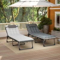 Outsunny Outdoor Lounge Chair Set of 2, Folding Chaise Lounge Tanning Chair with Cushion, Side Pocket, Grey(m-10)