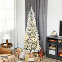 HOMCOM 6ft Flocked Christmas Tree with Dual Colour LED Light, Pencil Hinged Xmas Tree with 11 Light Modes, Easy Assembly(m-8)