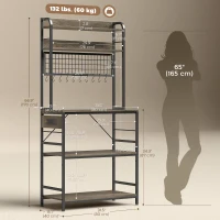 HOMCOM Kitchen Baker's Rack with Power Outlet and LED Light, 5-Tier Coffee Bar Station with 10 Hooks, Grey(m-3)