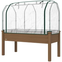 Outsunny Raised Garden Bed with PE Greenhouse Cover Outdoor Elevated Wood Planter Box for Herbs and Vegetables Brown(m-2)
