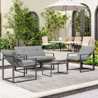 Outsunny 4 Piece Outdoor Furniture Set, Patio Conversation Set with Tempered Glass Table, Loveseat, Chairs, Cushions, Light Grey(m-9)
