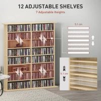 HOMCOM 8-Tier DVD Shelf with 12 Adjustable Shelves, Double CD Shelf, Holds 720 CDs, 396 DVDs or 396 Blu-rays, Natural Wood(m-5)