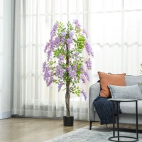 HOMCOM 5.9FT Fake Wisteria Tree with Natural Wood Trunk, Artificial Plant in Nursery Pot, Greenery Tall Faux Floor Plant Purple(m-8)