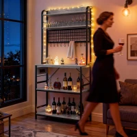 HOMCOM Kitchen Baker's Rack with Power Outlet and LED Light, 5-Tier Coffee Bar Station with 10 Hooks, Grey(m-10)