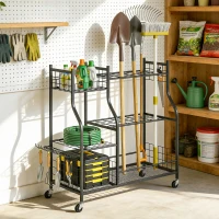 Outsunny Garden Tool Organizer for Garage, 3-Tier Yard Tool Storage Rack with 74 Slots, 4 Wheels and 11 Hooks(m-8)