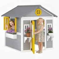 Outsunny Wooden Playhouse for Kids Outdoor with Door, Windows, Planter Pots and Boxes for Toddlers 3-8 Years, Grey(m-11)