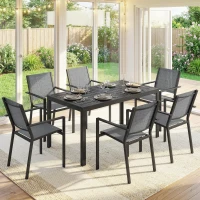 Outsunny Outdoor Dining Set for 6, Faux Wood Metal Patio Table and Mesh Stackable Chairs with Umbrella Hole, Black(m-10)