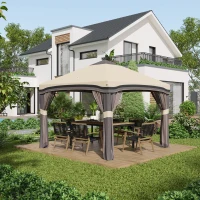 Outsunny 10' x 10' Pop Up Canopy with Netting, Foldable Tents for Parties, Height Adjustable, with Storage Bag for Outdoor, Garden, Patio, Beige(m-10)