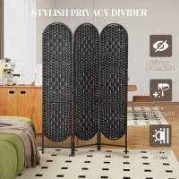 HOMCOM Bohemian Privacy Screen, Folding Room Divider with 3 Panels and Arched Top for Bedroom Living Room Office, Black(m-4)