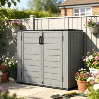 Outsunny 33 Cu.ft Plastic Outdoor Storage Shed, Storage Cabinet Tool Box with Lockable Double Doors and Flip-Top Lid Light Grey(m-10)