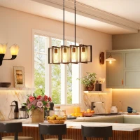 HOMCOM Farmhouse Kitchen Island Lighting, Linear Pendant Light with 4 Rotatable Frames and Adjustable Height, Walnut(m-9)
