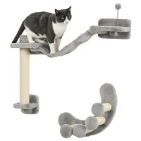 PawHut Cat Wall Shelf with Scratching Post, Cat Wall Shelves for Relaxing, Climbing, Cat Wall With Soft Ladder and Play Ball, Grey(m-11)