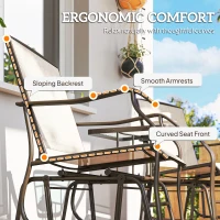 Outsunny Double Patio Glider Chair with Glass Top Center Table, Outdoor Glider Loveseat with High Back,  All Weather Breathable Mesh Fabric for Garden, Backyard, Deck, Light Brown(m-9)