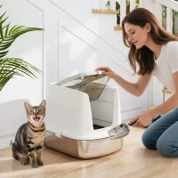 PawHut Large Stainless Steel Litter Box, Enclosed Metal Cat Litter Tray with Scoop, Deodoriser Bag, Front-Entry and Top-Exit(m-1)
