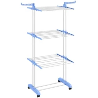 HOMCOM Foldable Clothes Drying Rack, 4-Tier Steel Laundry Rack for Drying Clothes with 2 Side Wings and 4 Castors, Indoor and Outdoor Use, Blue(m-11)