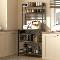 HOMCOM Kitchen Baker's Rack with Power Outlet and LED Light, 5-Tier Coffee Bar Station with 10 Hooks, Grey(m-8)