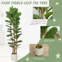 HOMCOM 6FT Artificial Fiddle Leaf Fig Tree Set of 2, Fake Potted Tree with Solid Wood Trunks for Indoor Decor, Green(m-4)
