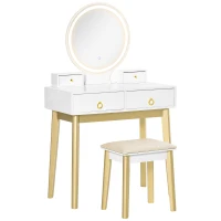 HOMCOM Makeup Vanity Table Set with Round Mirror, Built-in 3 Color LED Light, Dressing Desk with 4 Drawers and Cushioned Stool for Bedroom, White(m-2)
