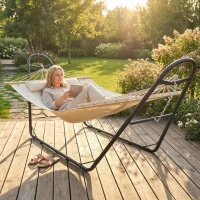 Outsunny Hammock with Stand, Heavy Duty Camping Hammock with Detachable Pillow and Spreader Bar, 264 lbs Capacity, Cream White(m-1)