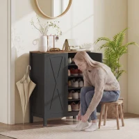 HOMCOM Shoe Cabinet with Barn Doors, Farmhouse Shoe Storage Cabinet with Adjustable Shelves, Holds up to 15 Pairs, Black(m-9)