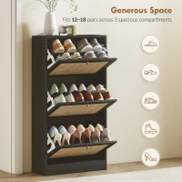 HOMCOM Rattan Shoe Storage Cabinet with 3 Flip Drawers and Adjustable Shelves, Entryway Shoe Cabinet for 18 Pairs, Black(m-4)