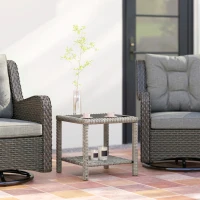 Outsunny 19" Outdoor Wicker Coffee Table with Glass Top, Storage Shelf for Garden Porch Balcony Deck, Dark Grey(m-8)