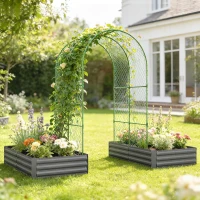 Outsunny Metal Raised Garden Bed with Trellis, Galvanized Garden Bed Kit Outdoor Garden Box with Trellis, Dark Grey(m-9)